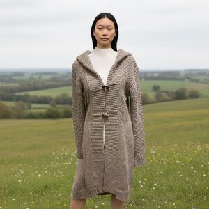 Cocogio Long Hooded Cartigan Sweater Size L Taupe Toggle Buttons Italian Cozy